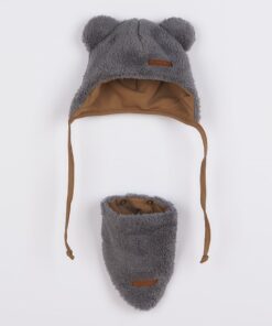Zimní kojenecká čepička s šátkem na krk New Baby Teddy bear šedá