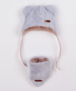 Zimní kojenecká čepička s šátkem na krk New Baby Teddy bear šedo růžová